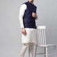 Men Dupion Silk Kurta Pyjama With Navy Mirror Work Nehru Jacket( JOKPWC W-D 4040Navy )
