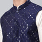 Men Dupion Silk Kurta Pyjama With Navy Mirror Work Nehru Jacket( JOKPWC W-D 4040Navy )