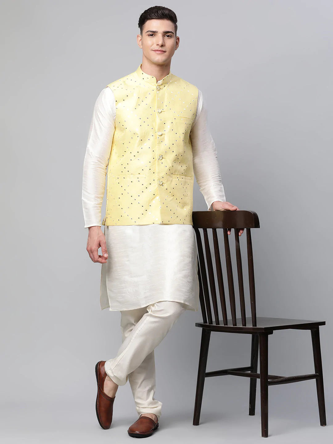 Men Dupion Silk Kurta Pyjama With Yellow Mirror Work Nehru Jacket( JOKPWC W-D 4040Yellow )