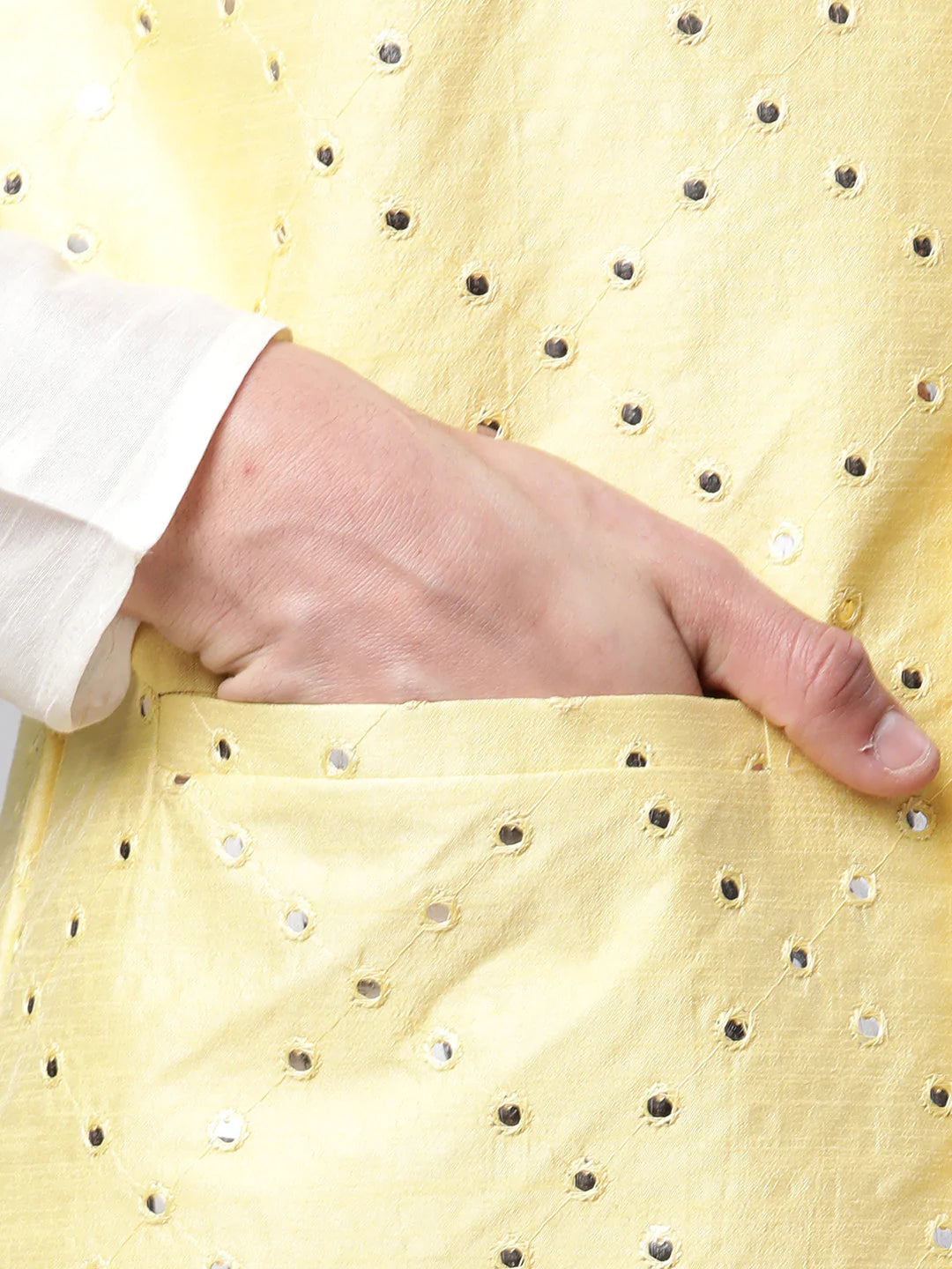 Men Dupion Silk Kurta Pyjama With Yellow Mirror Work Nehru Jacket( JOKPWC W-D 4040Yellow )