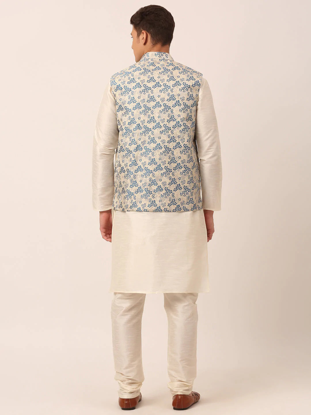 Men's Solid Kurta Pyjama With Blue Floral Embroidered Nehru Jacket( JOKPWC W-D 4042Blue )