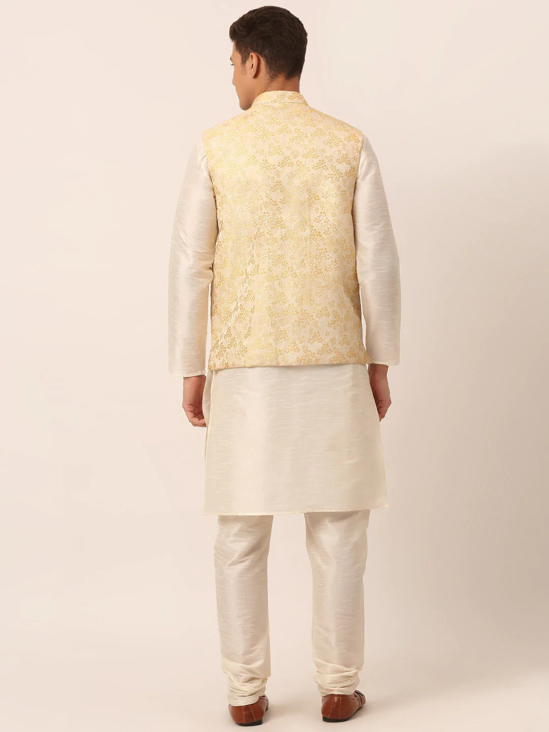 Men's Solid Kurta Pyjama With Golden Floral Embroidered Nehru Jacket( JOKPWC W-D 4042Golden )
