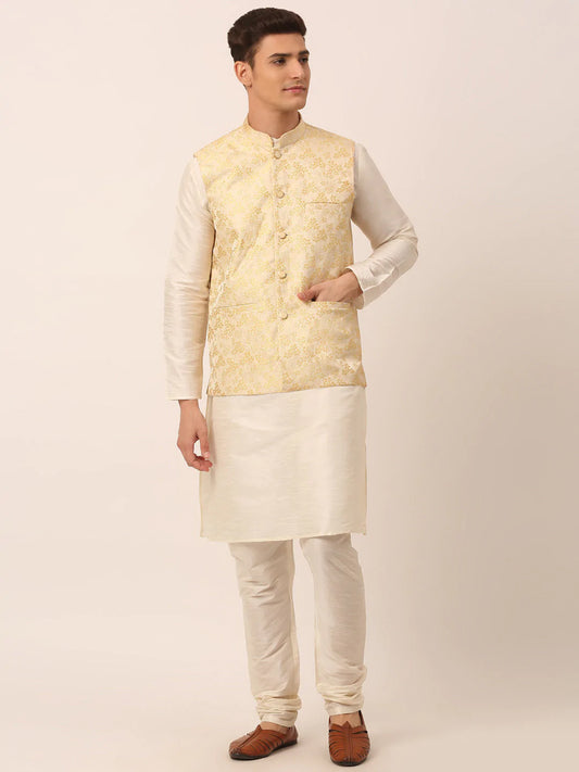 Men's Solid Kurta Pyjama With Golden Floral Embroidered Nehru Jacket( JOKPWC W-D 4042Golden )