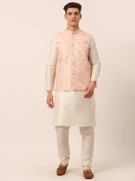 Men's Solid Kurta Pyjama With Pink Floral Embroidered Nehru Jacket( JOKPWC W-D 4042Pink )