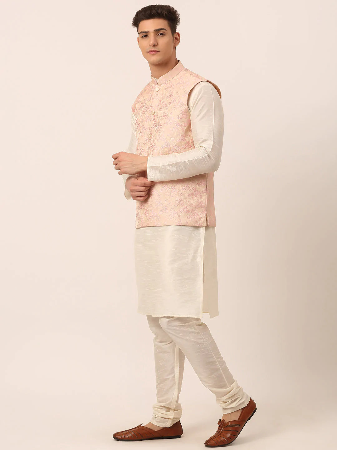 Men's Solid Kurta Pyjama With Pink Floral Embroidered Nehru Jacket( JOKPWC W-D 4042Pink )