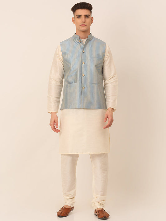 Men's Solid Kurta Pyjama With Striped Embroidered Nehru Jacket ( JOKPWC W-D 4043Blue )