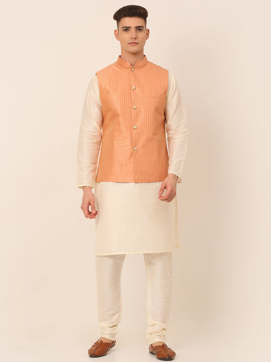 Men's Solid Kurta Pyjama With Striped Embroidered Nehru Jacket ( JOKPWC W-D 4043Peach )