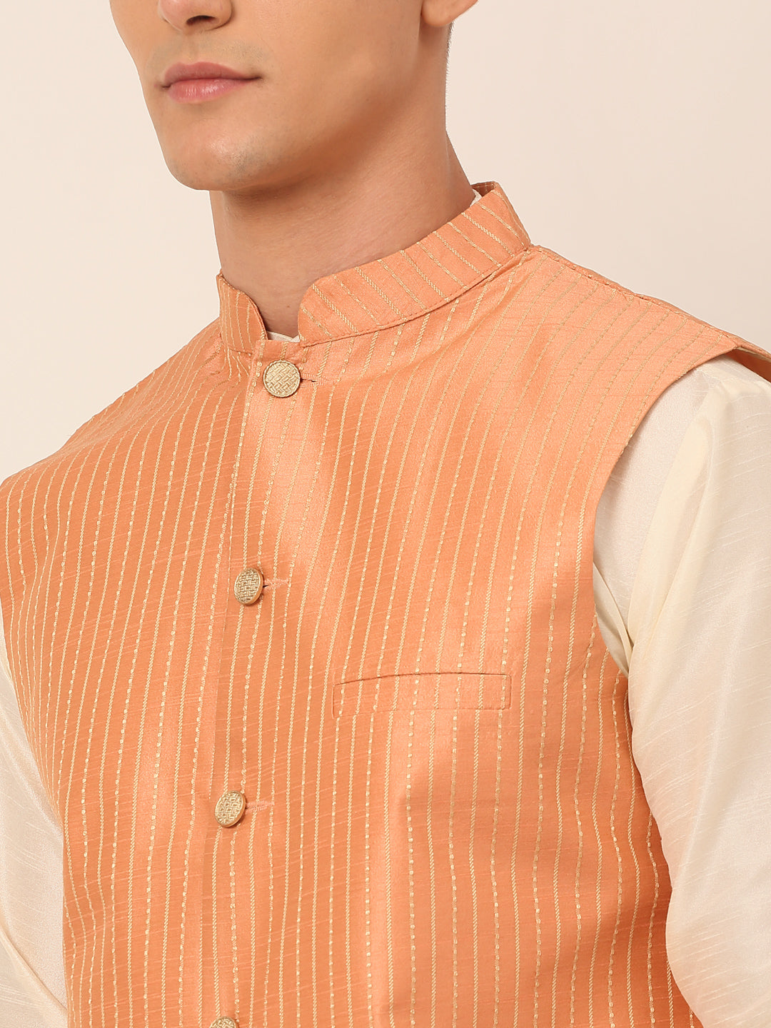 Men's Solid Kurta Pyjama With Striped Embroidered Nehru Jacket ( JOKPWC W-D 4043Peach )