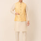 Men's Solid Dupion Silk Kurta Pyjama With Embroidered Nehru Jacket ( JOKPWC W-D 4044Golden )