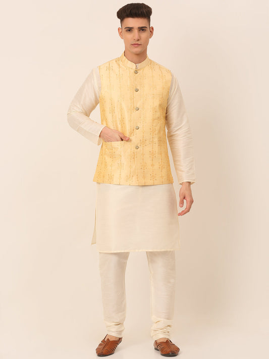 Men's Solid Dupion Silk Kurta Pyjama With Embroidered Nehru Jacket ( JOKPWC W-D 4044Golden )