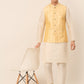 Men's Solid Dupion Silk Kurta Pyjama With Embroidered Nehru Jacket ( JOKPWC W-D 4044Golden )