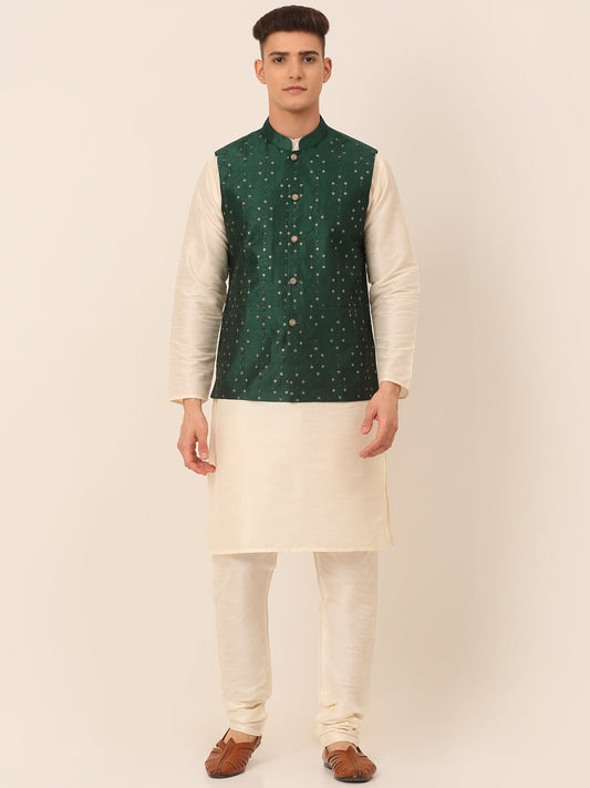 Men's Solid Dupion Silk Kurta Pyjama With Embroidered Nehru Jacket ( JOKPWC W-D 4044Green )