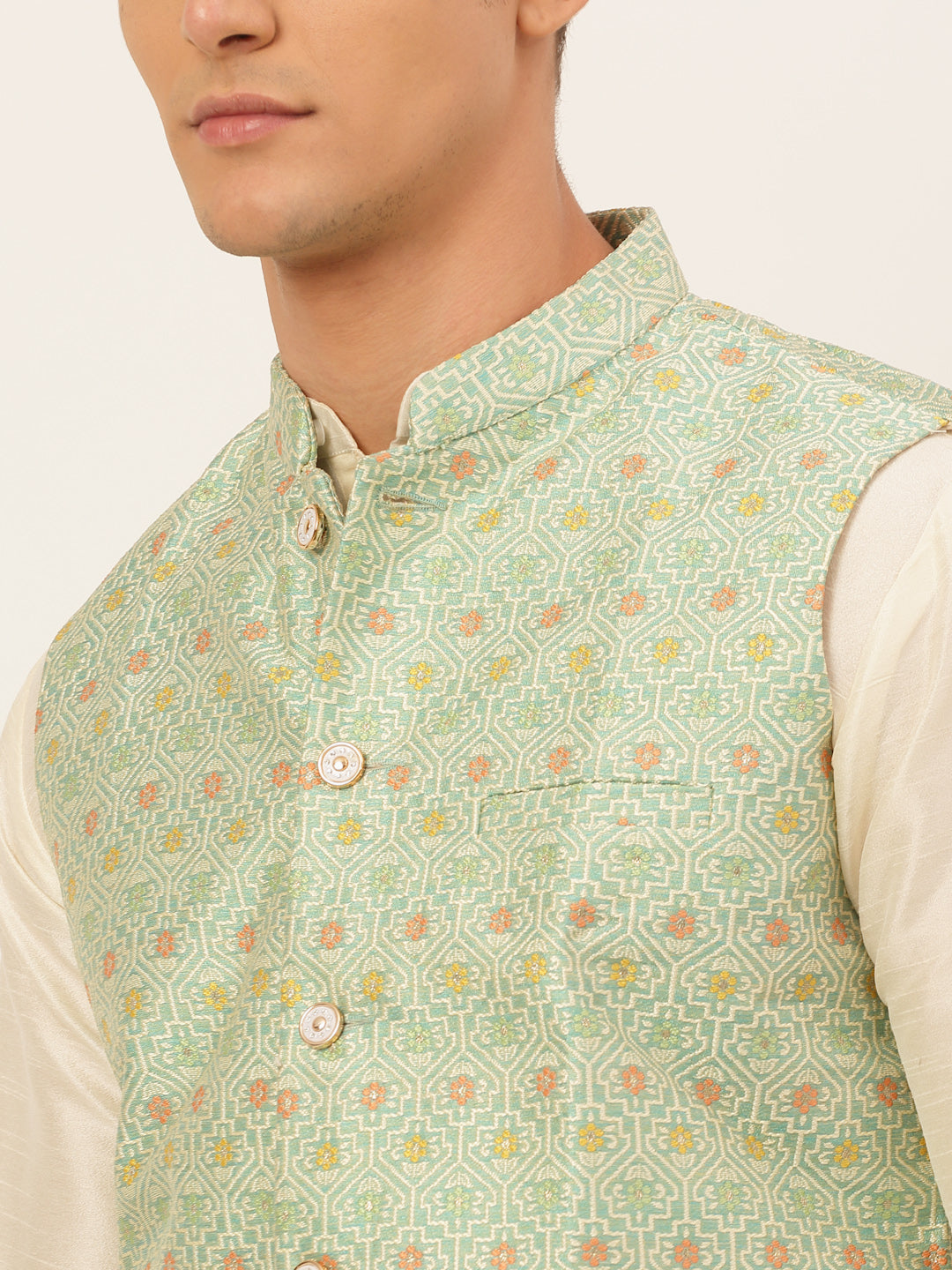 Men's Solid Kurta Pyjama With Nehru Jacket ( JOKPWC W-D 4047Green )
