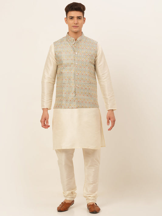 Men's Solid Kurta Pyjama With Nehru Jacket ( JOKPWC W-D 4047Grey )