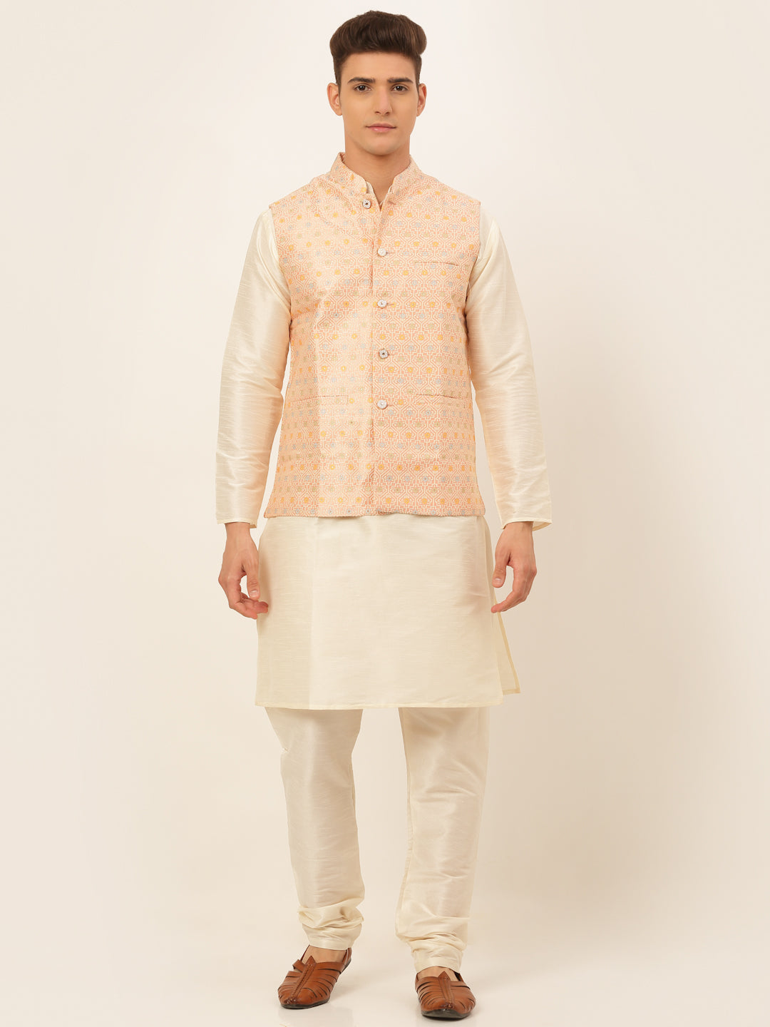 Men's Solid Kurta Pyjama With Nehru Jacket ( JOKPWC W-D 4047Pink )