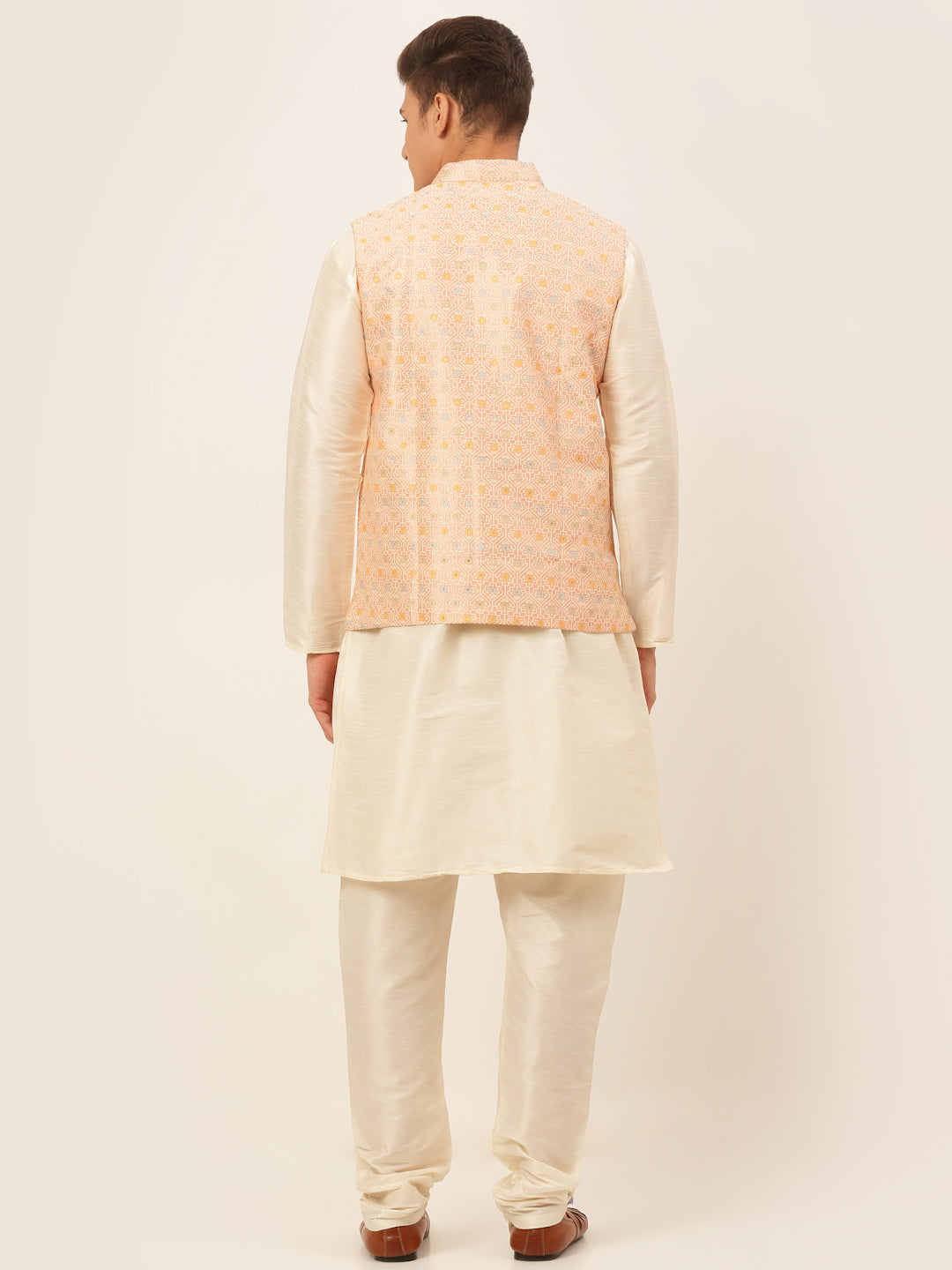 Men's Solid Kurta Pyjama With Nehru Jacket ( JOKPWC W-D 4047Pink )