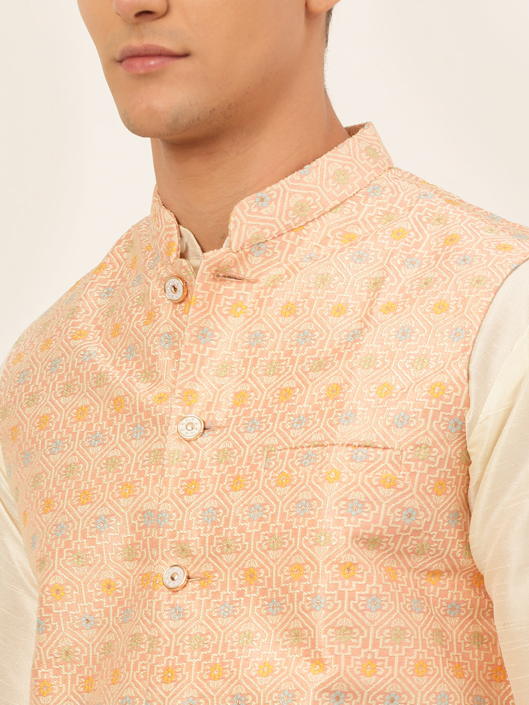 Men's Solid Kurta Pyjama With Nehru Jacket ( JOKPWC W-D 4047Pink )