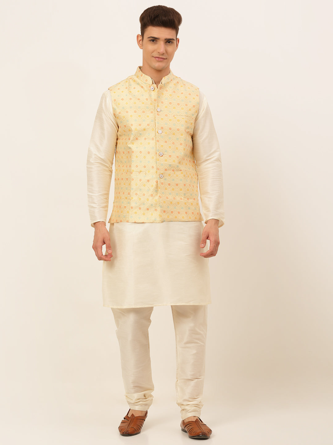 Men's Solid Kurta Pyjama With Nehru Jacket ( JOKPWC W-D 4047Yellow )