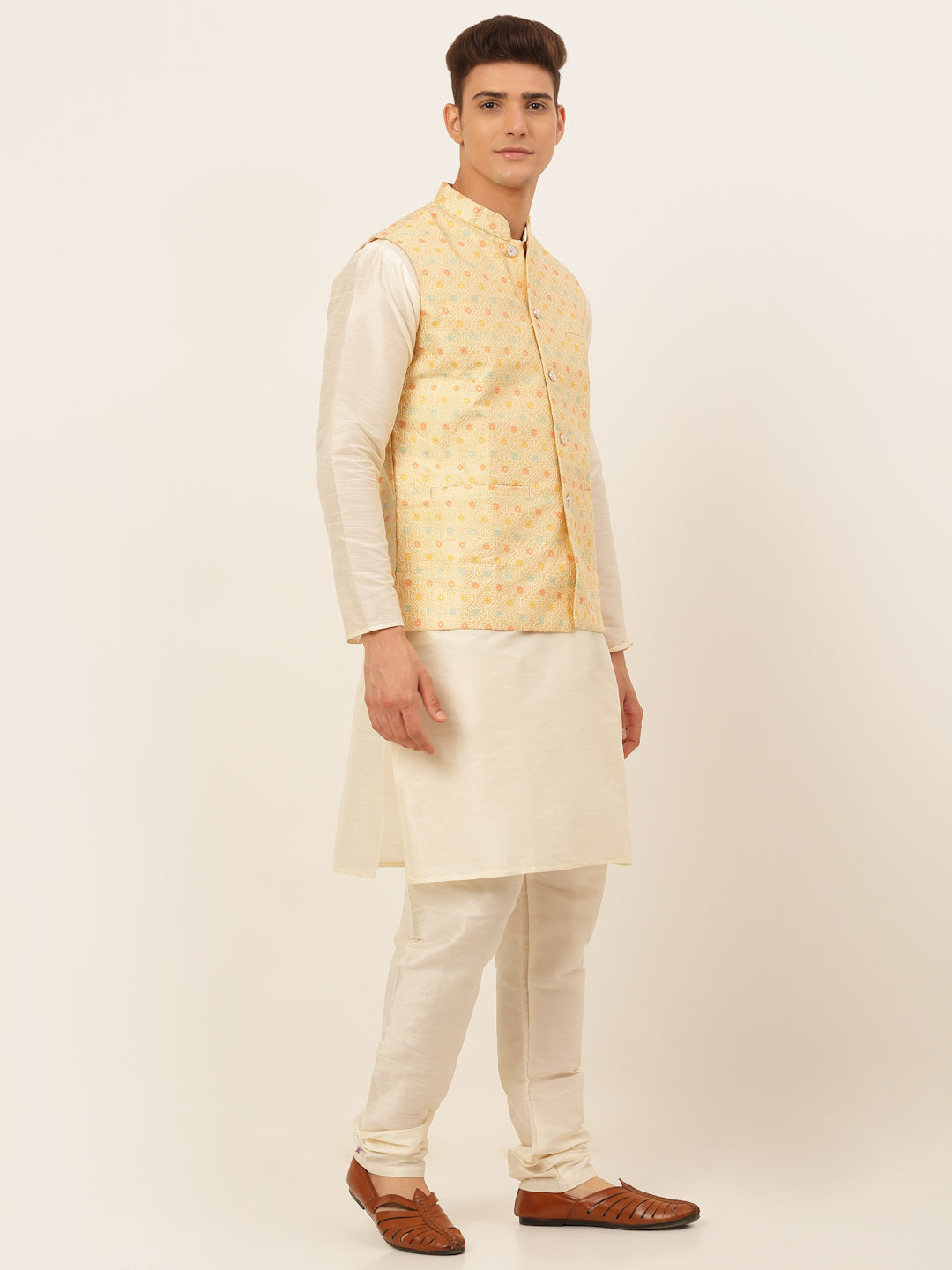 Men's Solid Kurta Pyjama With Nehru Jacket ( JOKPWC W-D 4047Yellow )