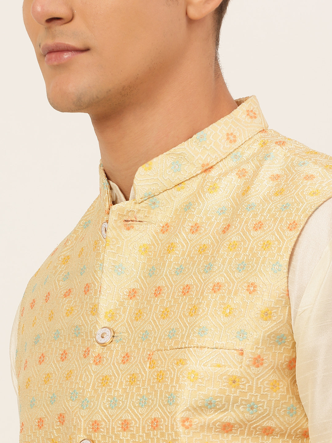 Men's Solid Kurta Pyjama With Nehru Jacket ( JOKPWC W-D 4047Yellow )