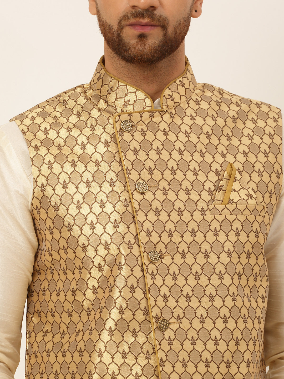 Men's Solid Kurta Pyjama With Nehru Jacket ( JOKPWC W-D 4048Golden )