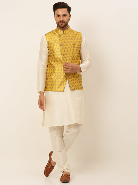 Men's Solid Kurta Pyjama With Nehru Jacket ( JOKPWC W-D 4048Mustard )