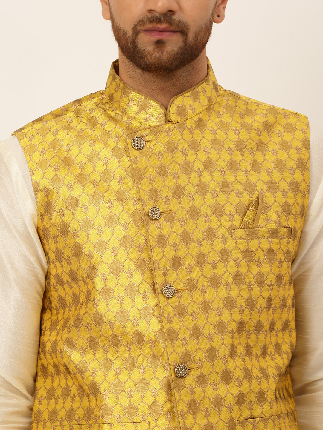 Men's Solid Kurta Pyjama With Nehru Jacket ( JOKPWC W-D 4048Mustard )