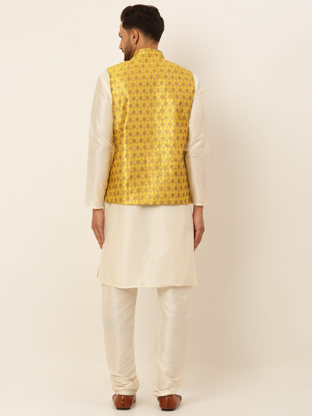 Men's Solid Kurta Pyjama With Nehru Jacket ( JOKPWC W-D 4048Mustard )