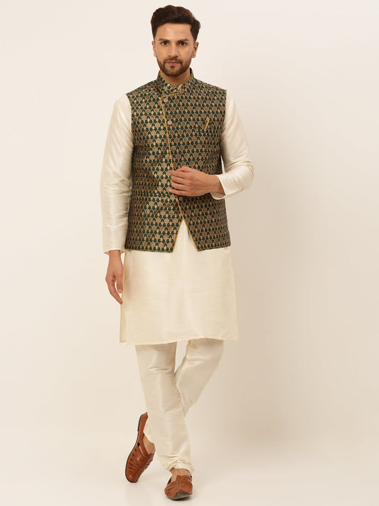 Men's Solid Kurta Pyjama With Nehru Jacket ( JOKPWC W-D 4048Olive )