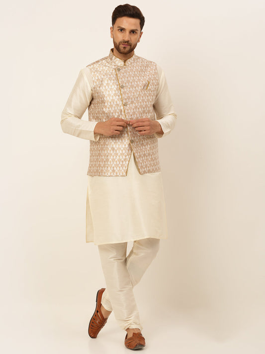 Men's Solid Kurta Pyjama With Nehru Jacket ( JOKPWC W-D 4048Silver )