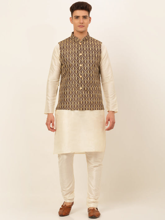 Men's Solid Kurta Pyjama With Nehru Jacket ( JOKPWC W-D 4049Brown )