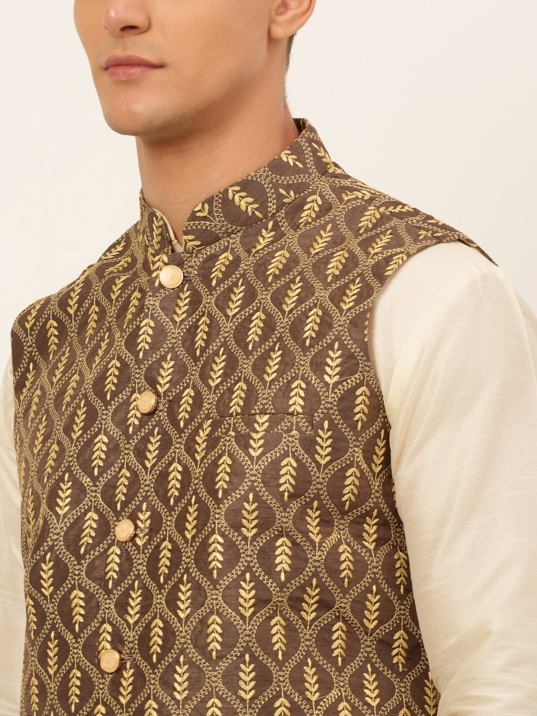 Men's Solid Kurta Pyjama With Nehru Jacket ( JOKPWC W-D 4049Brown )
