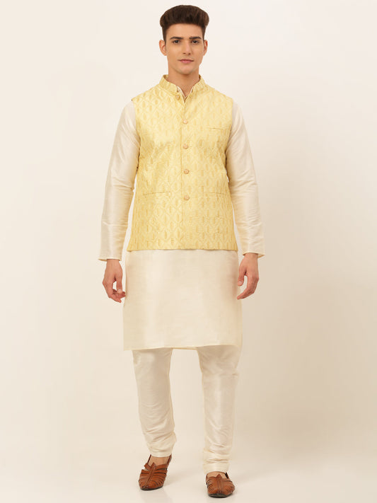Men's Solid Kurta Pyjama With Nehru Jacket ( JOKPWC W-D 4049Golden )