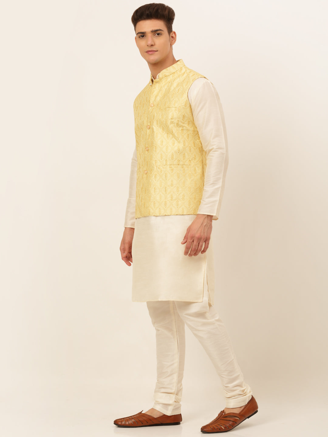 Men's Solid Kurta Pyjama With Nehru Jacket ( JOKPWC W-D 4049Golden )