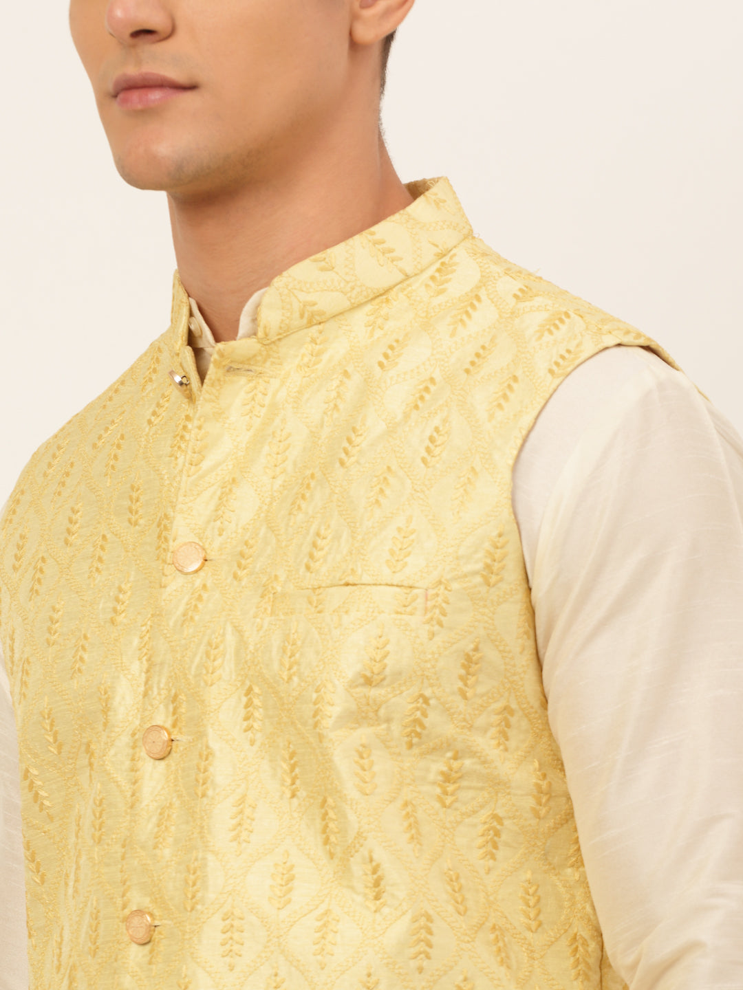 Men's Solid Kurta Pyjama With Nehru Jacket ( JOKPWC W-D 4049Golden )