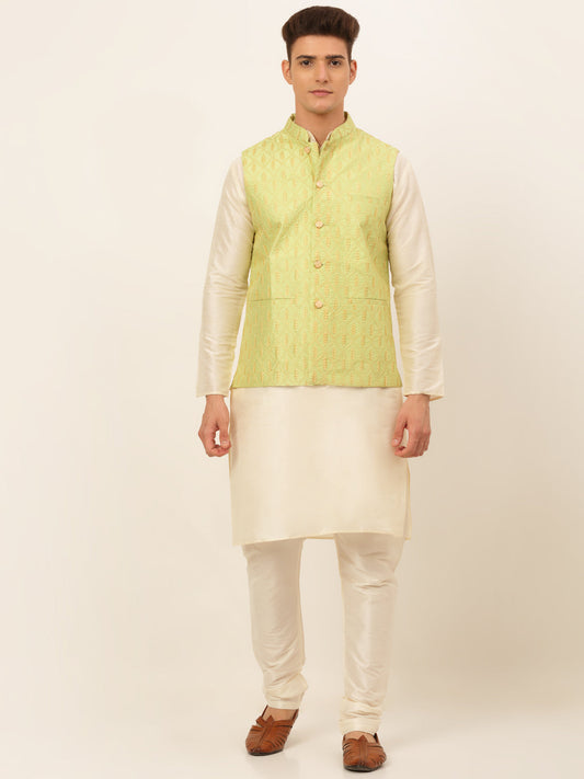 Men's Solid Kurta Pyjama With Nehru Jacket ( JOKPWC W-D 4049Green )