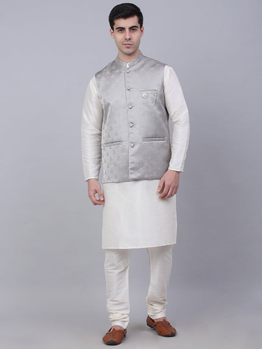 Men's Solid Kurta Pyjama With Woven Design Nehru Jacket ( JOKPWC W-D 4050Grey )