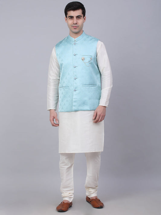 Men's Solid Kurta Pyjama With Woven Design Nehru Jacket ( JOKPWC W-D 4050Sky )
