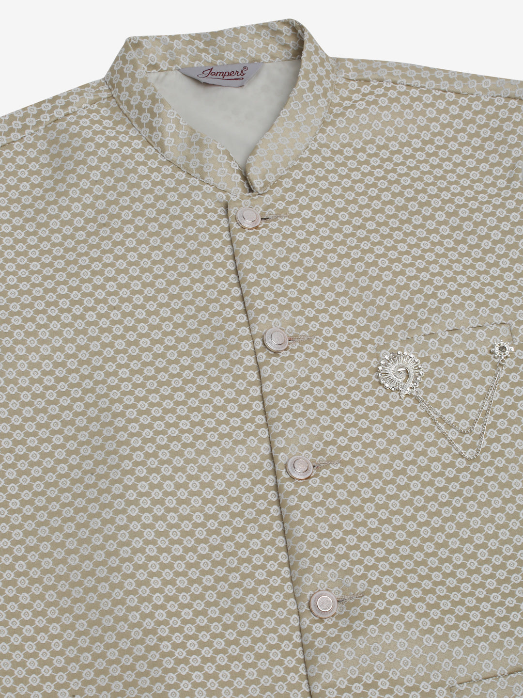 Men's Solid Kurta Pyjama With Woven Design Nehru Jacket ( JOKPWC W-D 4066Beige )