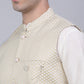 Men's Solid Kurta Pyjama With Woven Design Nehru Jacket ( JOKPWC W-D 4066Beige )