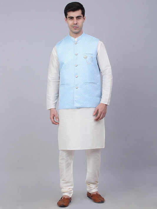 Men's Solid Kurta Pyjama With Woven Design Nehru Jacket ( JOKPWC W-D 4066Blue )