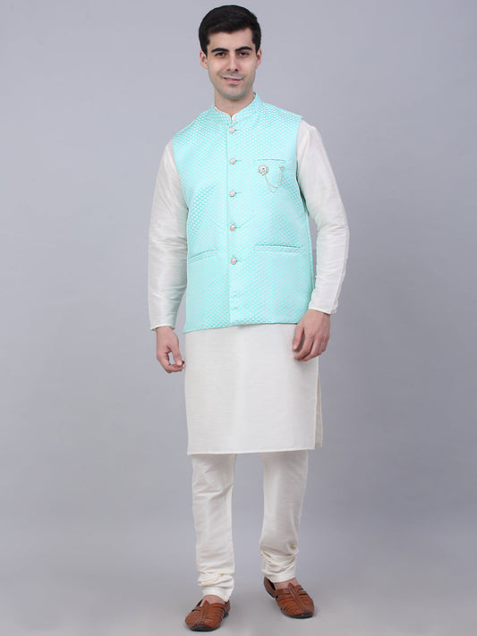 Men's Solid Kurta Pyjama With Woven Design Nehru Jacket ( JOKPWC W-D 4066Sky )