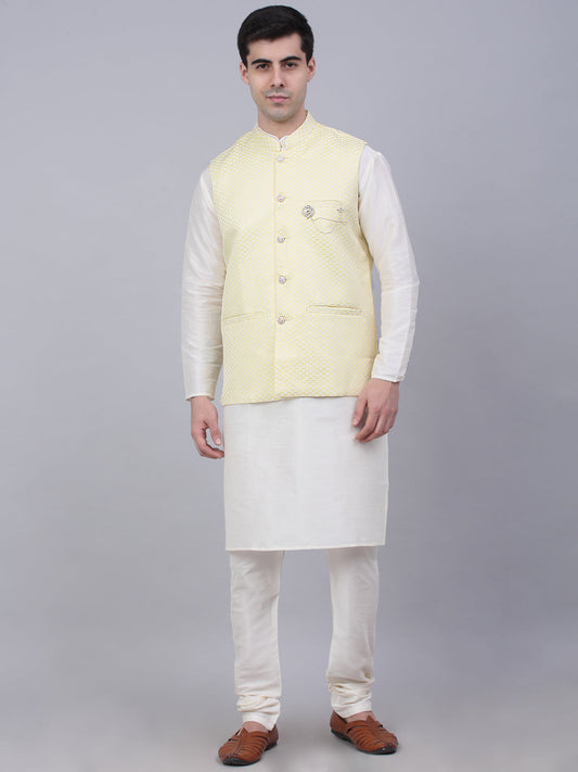 Men's Solid Kurta Pyjama With Woven Design Nehru Jacket ( JOKPWC W-D 4066Yellow )