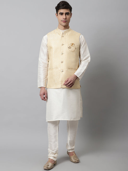 Men Off White Solid Kurta Pyjama with Golden Woven Design Nehru Jacket ( JOKPWC W-D 4069Golden )