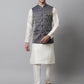 Men Off White Solid Kurta Pyjama with Navy Blue Woven Design Nehru Jacket ( JOKPWC W-D 4069Navy )