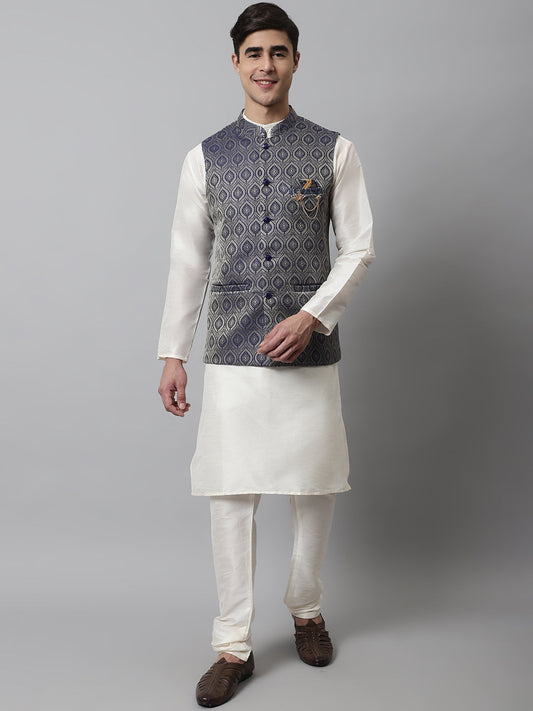 Men Off White Solid Kurta Pyjama with Navy Blue Woven Design Nehru Jacket ( JOKPWC W-D 4069Navy )