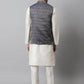 Men Off White Solid Kurta Pyjama with Navy Blue Woven Design Nehru Jacket ( JOKPWC W-D 4069Navy )