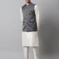 Men Off White Solid Kurta Pyjama with Navy Blue Woven Design Nehru Jacket ( JOKPWC W-D 4069Navy )