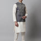 Men Off White Solid Kurta Pyjama with Navy Blue Woven Design Nehru Jacket ( JOKPWC W-D 4069Navy )