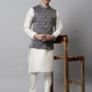 Men Off White Solid Kurta Pyjama with Navy Blue Woven Design Nehru Jacket ( JOKPWC W-D 4069Navy )